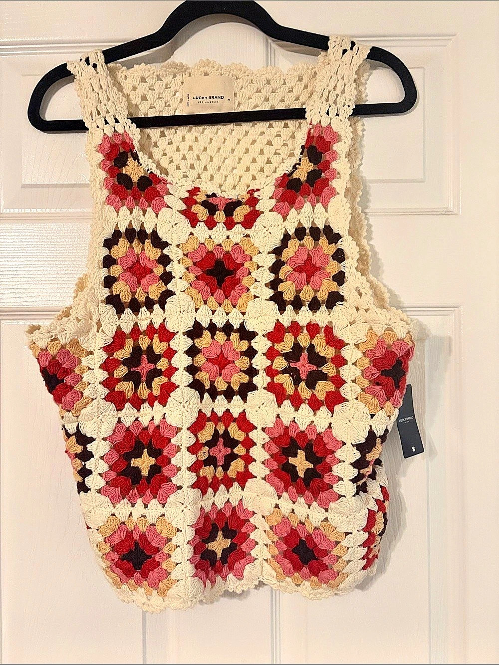 Lucky Brand Granny Square Crochet Vest Tank Top Cream & Red Medium